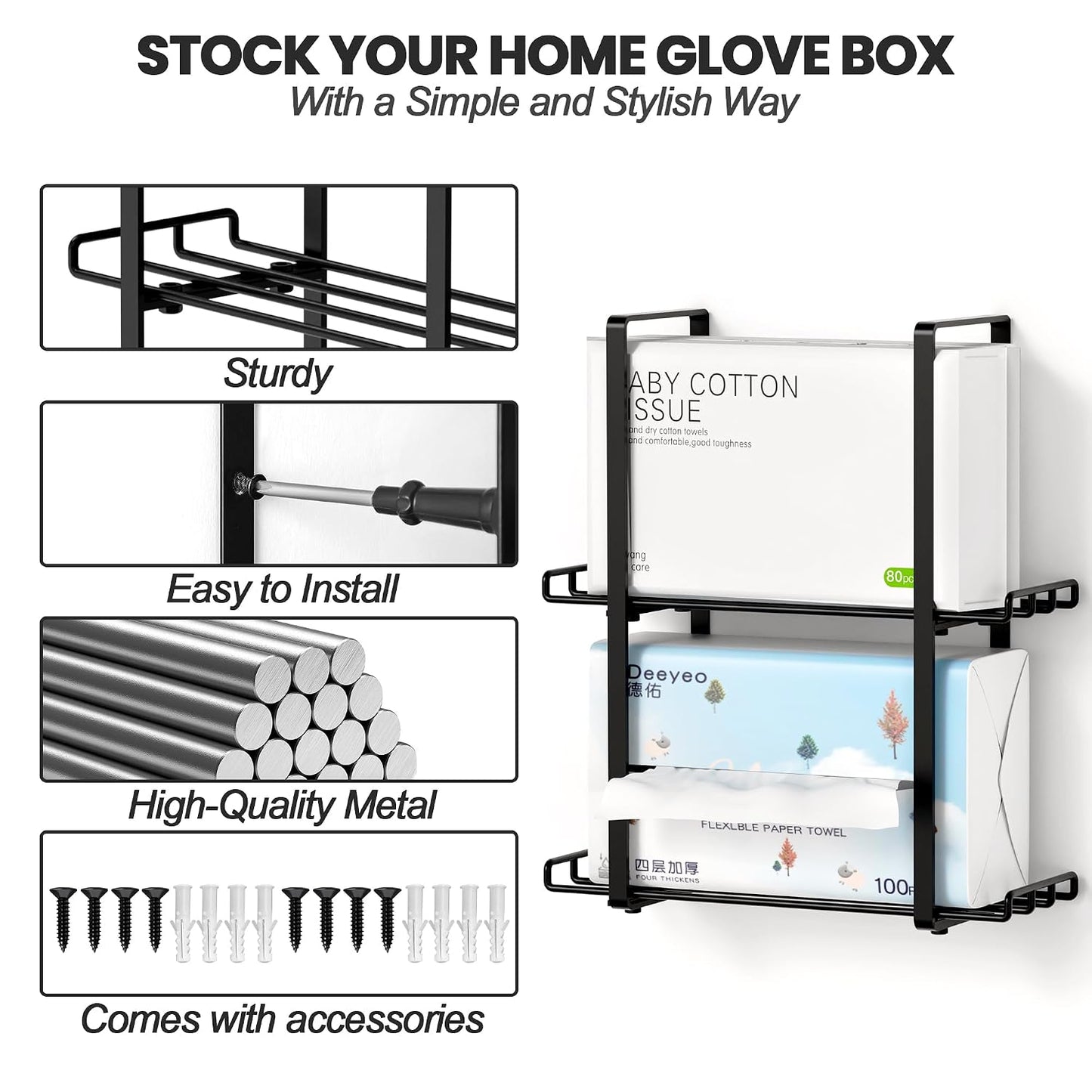 Glove Holder Dispenser for Wall Mount Metal Disposable Latex Glove Box Holder for Home Office, Lab and Garage, Tissue Wire Rack Wall-Mounted for Kitchen Organizer Decor, Blak