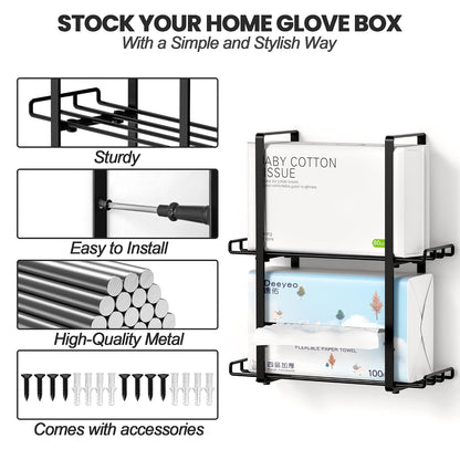 Glove Holder Dispenser for Wall Mount Metal Disposable Latex Glove Box Holder for Home Office, Lab and Garage, Tissue Wire Rack Wall-Mounted for Kitchen Organizer Decor, Blak