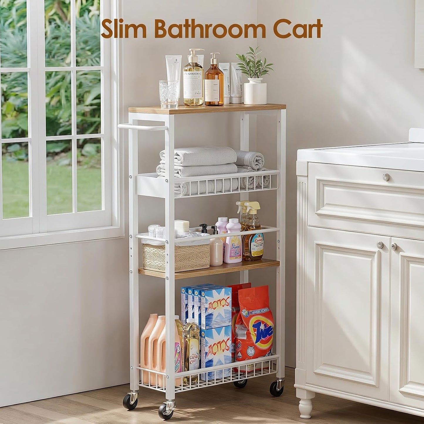 Slim Storage Rolling Cart, 4 Tier Narrow Cart with Wheels, Metal Kitchen Rolling Cart for Small Spaces, Slide Out Storage Shelves for Kitchen, Laundry Room, Bathroom, Living Room, 7.1in(W)