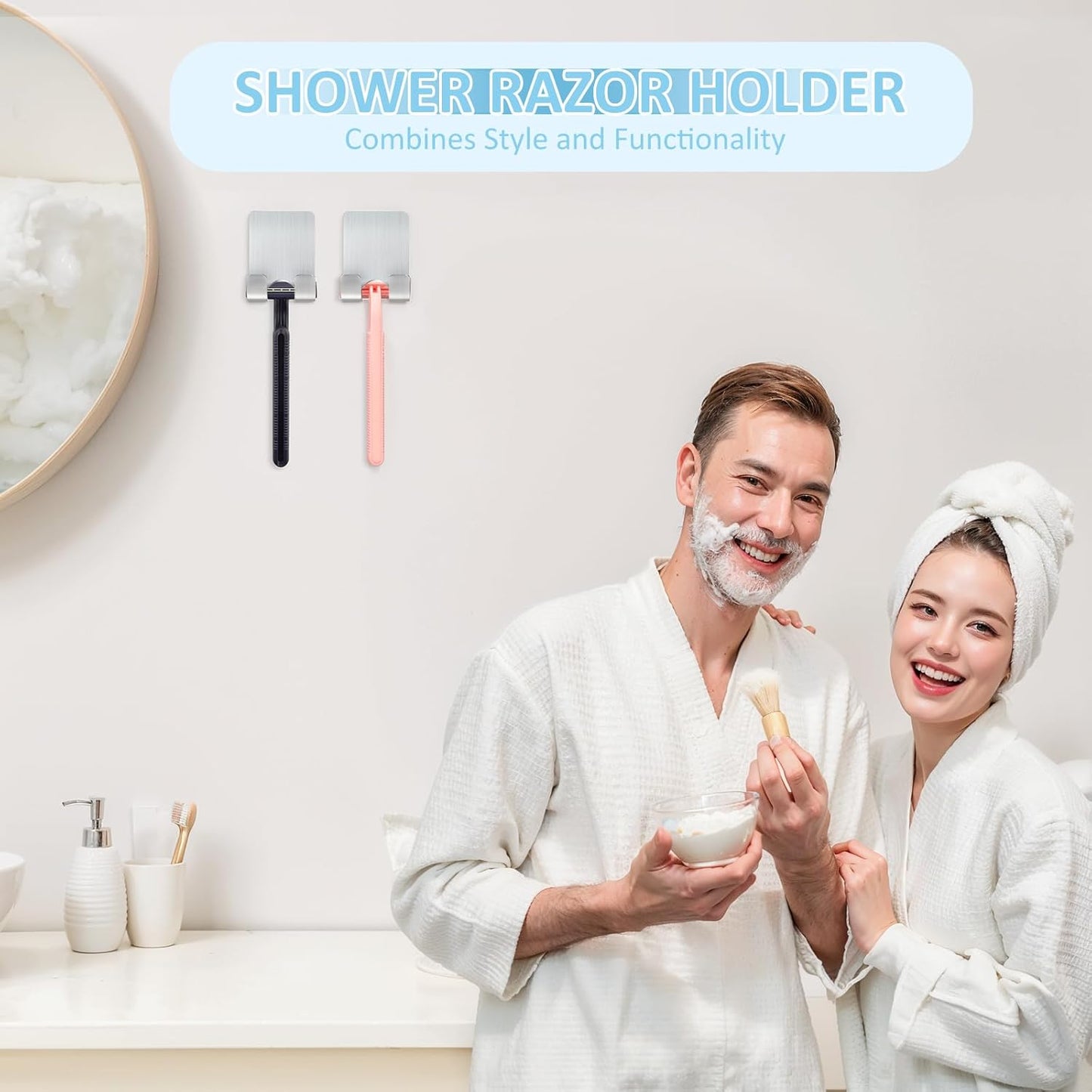 VIS'V Shower Wall Razor Holder, Metal Adhesive Razor Hooks for His and Hers, Waterproof, Black, 2 Pcs