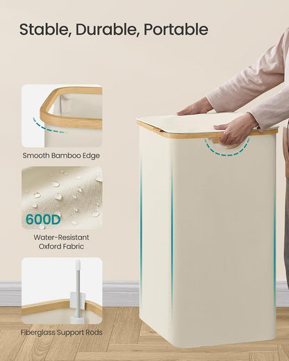 SONGMICS Laundry Hamper, Laundry Basket with Lid, Foldable Storage Basket, Bamboo Frame, for Bedroom, Living Room, Oxford Fabric, 37 Gal. (140 L), Cream White ULCB519WD01