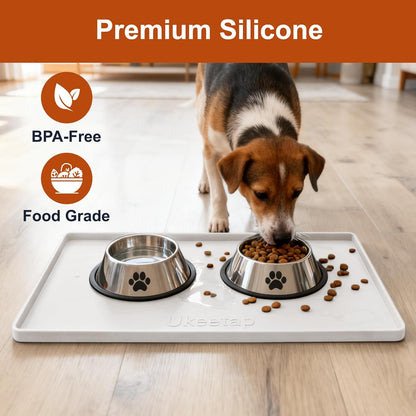 ukeetap Extra Thick Silicone Mat Waterproof with Raised Edge 19” x 12”, BPA Free Non-Slip Dog & Cat Food Mat, Feeding Mat for Food and Water Bowls, Spill Proof Mat to Protect Floors, Black