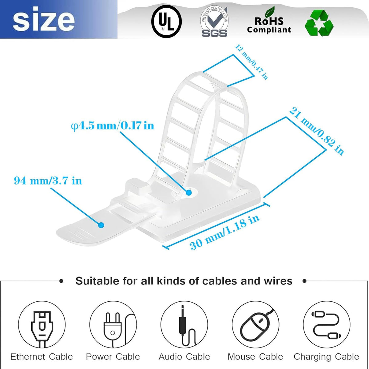 Adjustable adhesive cable management clips 50Pcs, large self adhesive cable ties clips ，Suitable for cable management under desks and on walls(Black)