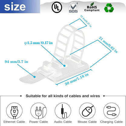 Adjustable adhesive cable management clips 50Pcs, large self adhesive cable ties clips ，Suitable for cable management under desks and on walls(Black)