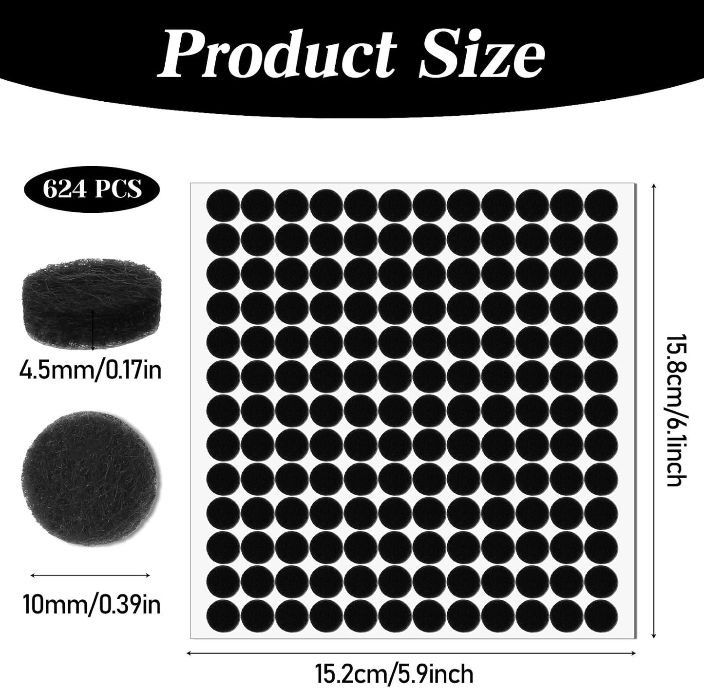 TIESOME 624Pcs Small Felt Pads for Coasters Bottom Dots, 0.39 Inch Self Adhesive Round Felt Pads Cabinet Door Bumpers Cushion Dots Furniture Pads Floor Protectors for Chair Legs Floors, Black