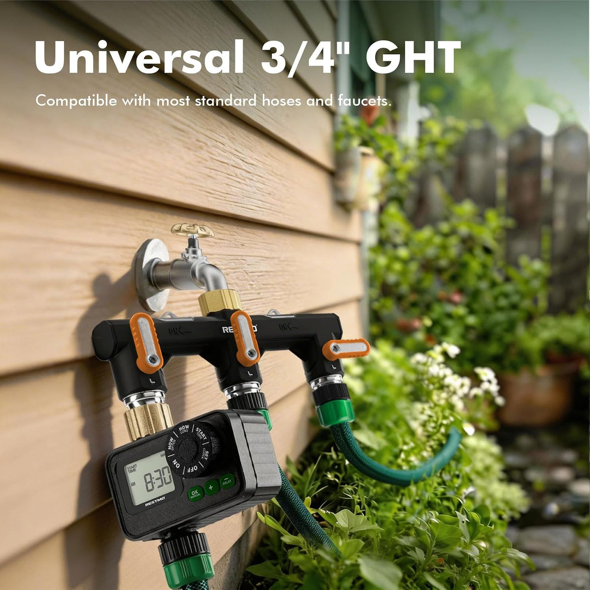 Restmo 3 Way Garden Hose Splitter Heavy Duty 100% Metal Body, Full Flow Design with Oversized Ball Valve, Outdoor Faucet Spigot Adapter with Extended Levers, 3/4" GHT Thread - Green