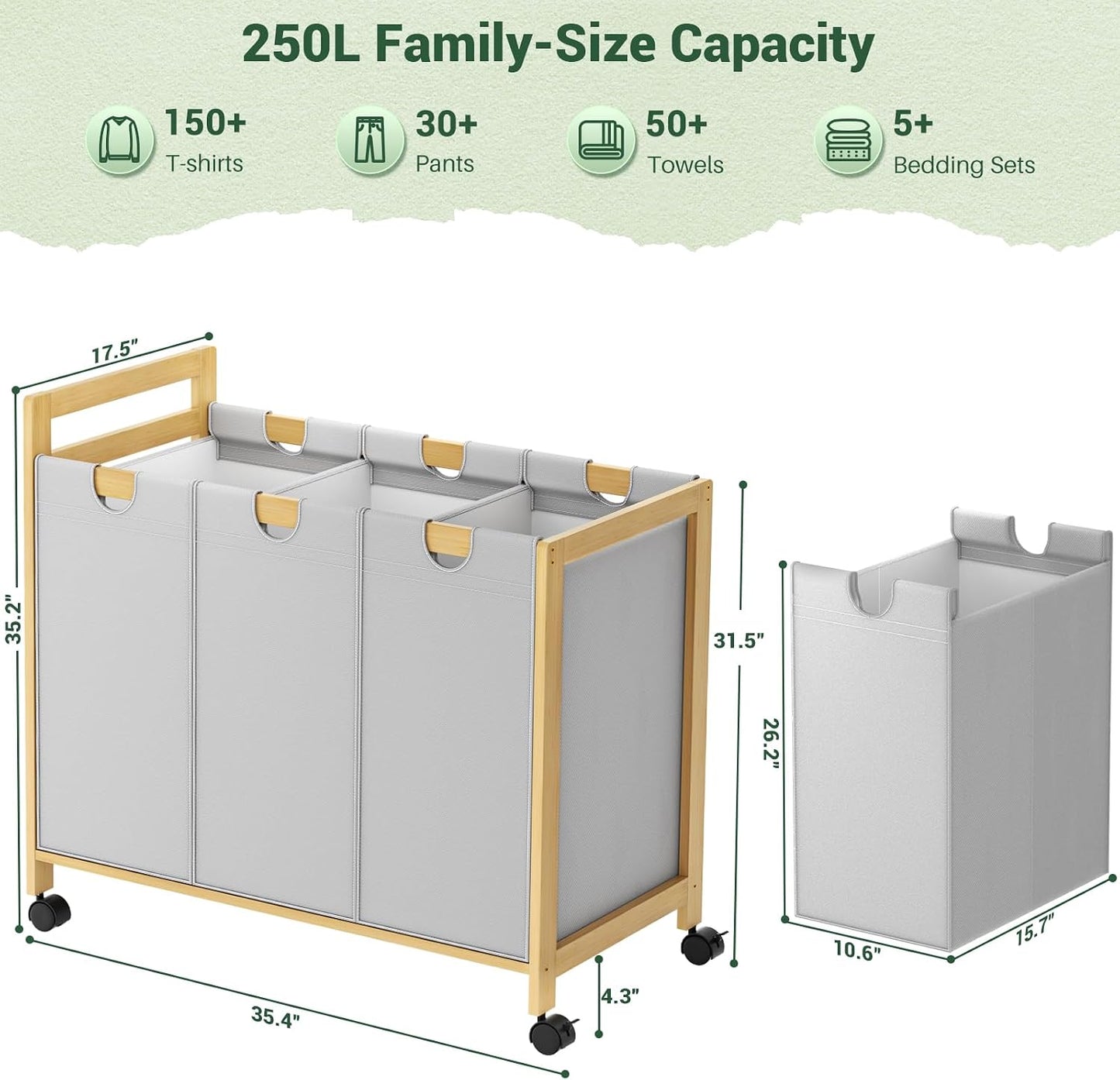 Homykic 250L Laundry Sorter Cart with Wheels, 3-Section Rolling Laundry Basket with Removable Bags, 66 Gal Large Laundry Hamper Organizer, Heavy Duty Bamboo Frame, Water-Resistant, Black