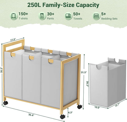 Homykic 250L Laundry Sorter Cart with Wheels, 3-Section Rolling Laundry Basket with Removable Bags, 66 Gal Large Laundry Hamper Organizer, Heavy Duty Bamboo Frame, Water-Resistant, Black