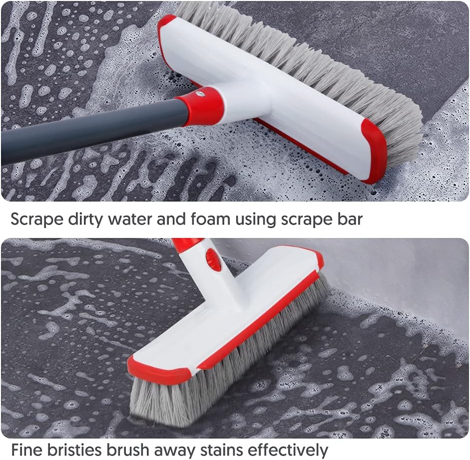 Floor Scrubber with Long Handle, 2 in 1 Scrubbing Brush Stiff Bristle Shower Cleaning Brush for Bathroom, Kitchen, Tub, Carpet, Grout, Tile(Red)