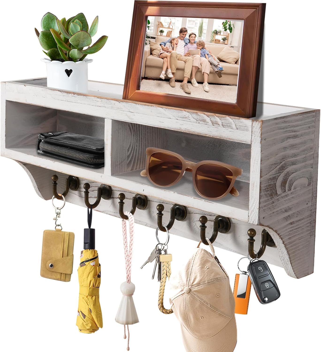 Key Holder Wall Mount - Mail Organizer Wall Mount with 6 Key Hooks and Storage Box for Sunglasses Storage and Dog Leash Holder Home Decor Rack Apartment Farmhouse Shelf Entryway Organizer (Black)