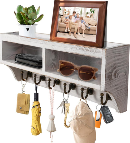 Key Holder Wall Mount - Mail Organizer Wall Mount with 6 Key Hooks and Storage Box for Sunglasses Storage and Dog Leash Holder Home Decor Rack Apartment Farmhouse Shelf Entryway Organizer (Black)