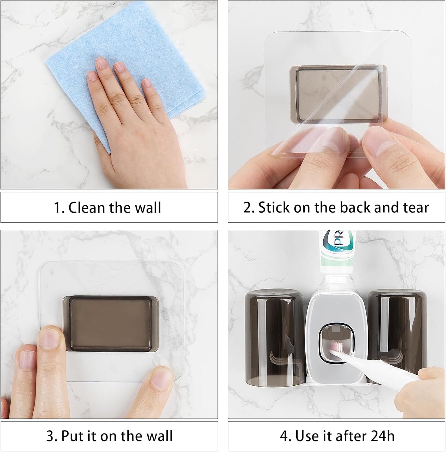 4 Slots Wall Mount Toothbrush Holder with Cover, Self Adhesive Toothbrush Storage Organizer for Shower, Toothbrush Hanger with 2 mouthwash Cups for Bathroom, Medicine Cabinet, Dorm (Black)