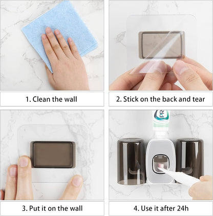 4 Slots Wall Mount Toothbrush Holder with Cover, Self Adhesive Toothbrush Storage Organizer for Shower, Toothbrush Hanger with 2 mouthwash Cups for Bathroom, Medicine Cabinet, Dorm (Black)