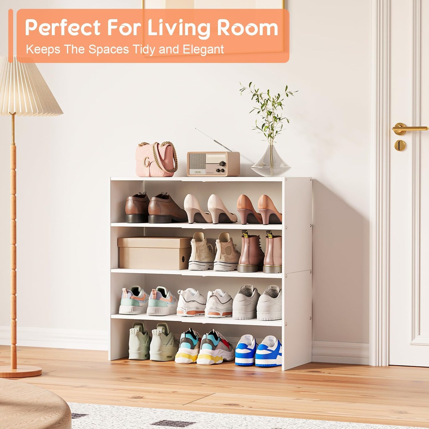 2-Tier Expandable White Shoe Rack Organizer for Closet, Stackable Shoe Rack Storage Shelf, Small Iron Wood Combination Shoe Shelves for Closets,Entryway,Front Door, Narrow Space,Hallway,6-12 Pairs