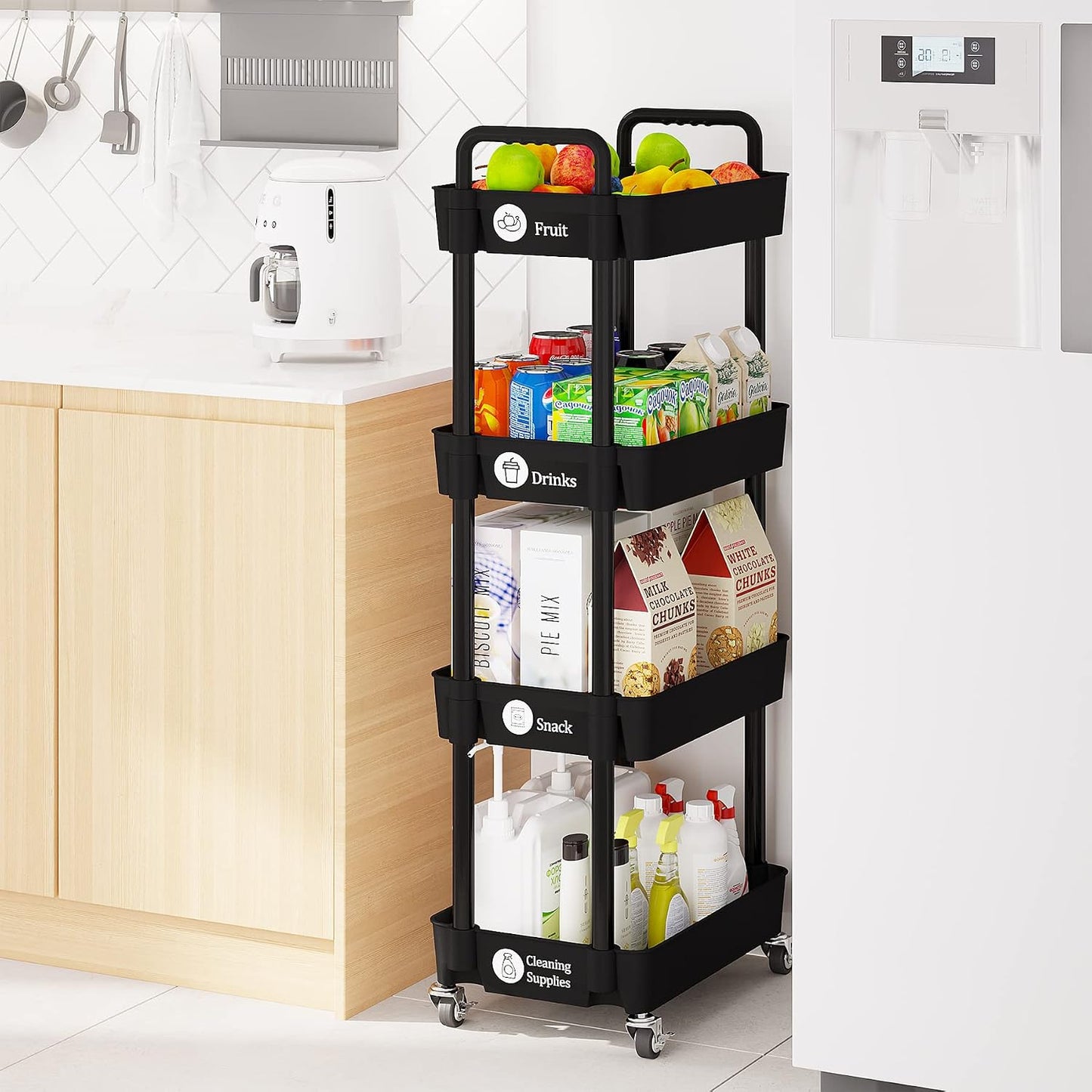Laiensia 3-Tier Rolling Cart with Wheels,Multifunction Utility Storage Carts, Kitchen Storage Organizer,Mobile Shelving Unit for Bathroom,Laundry,with Classified Stickers,White