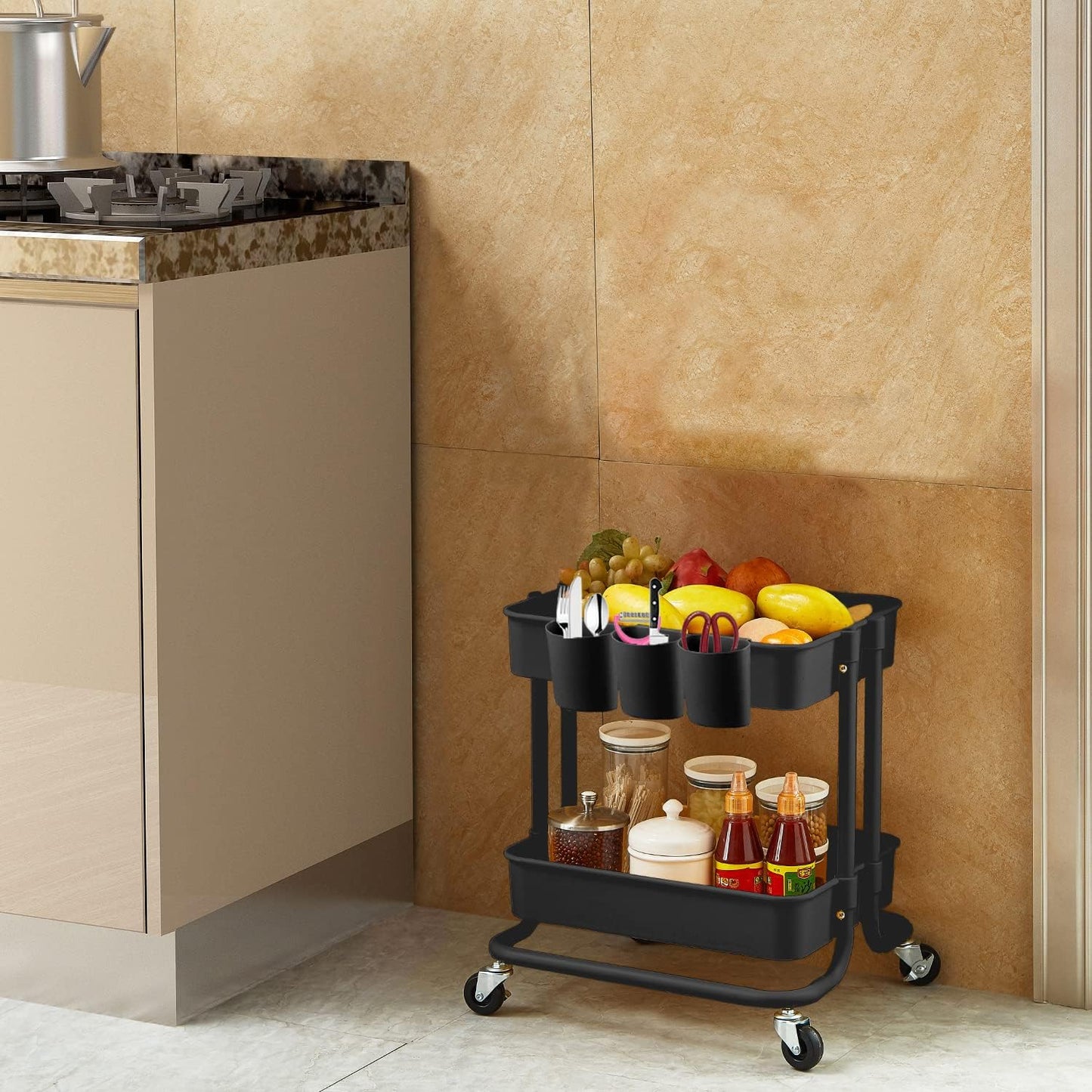 2-Tier Utility Rolling Cart Storage Sofa Side Table with Wheels, Mobile Trolley Organizer with for Office Home Kitchen Organization, Cream White