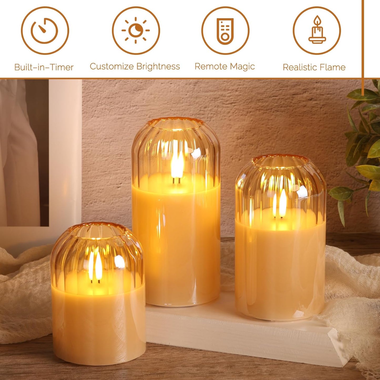 Grey Glass Flameless Pillar Candles with Remote, Flickering Battery LED Candles Table Decor Gift Set of 3