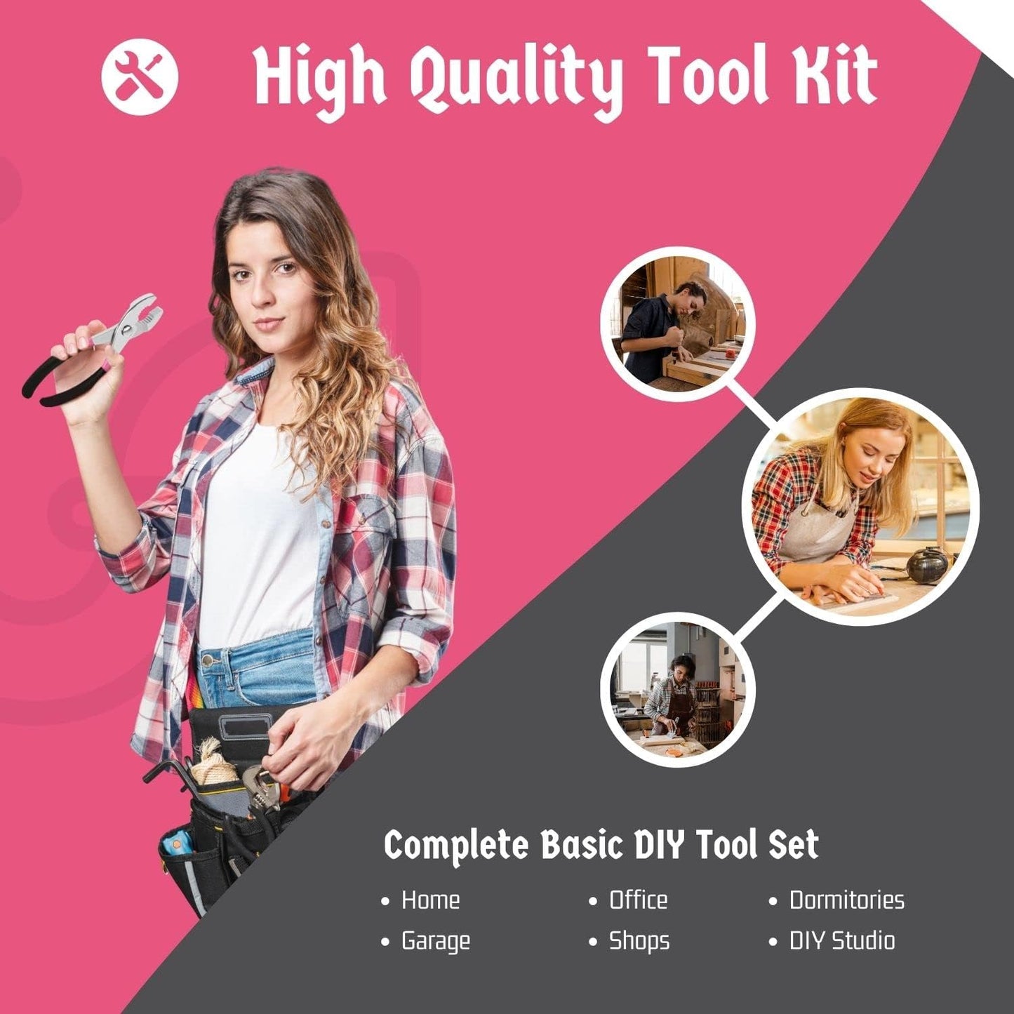 Flexzion 39 Piece Hand Tool Kits with Case - Compact Tool Kit for Handyman, Homeowners DIY - Household Tool Kit for Home with Portable Basic Tool Set Case, Pink
