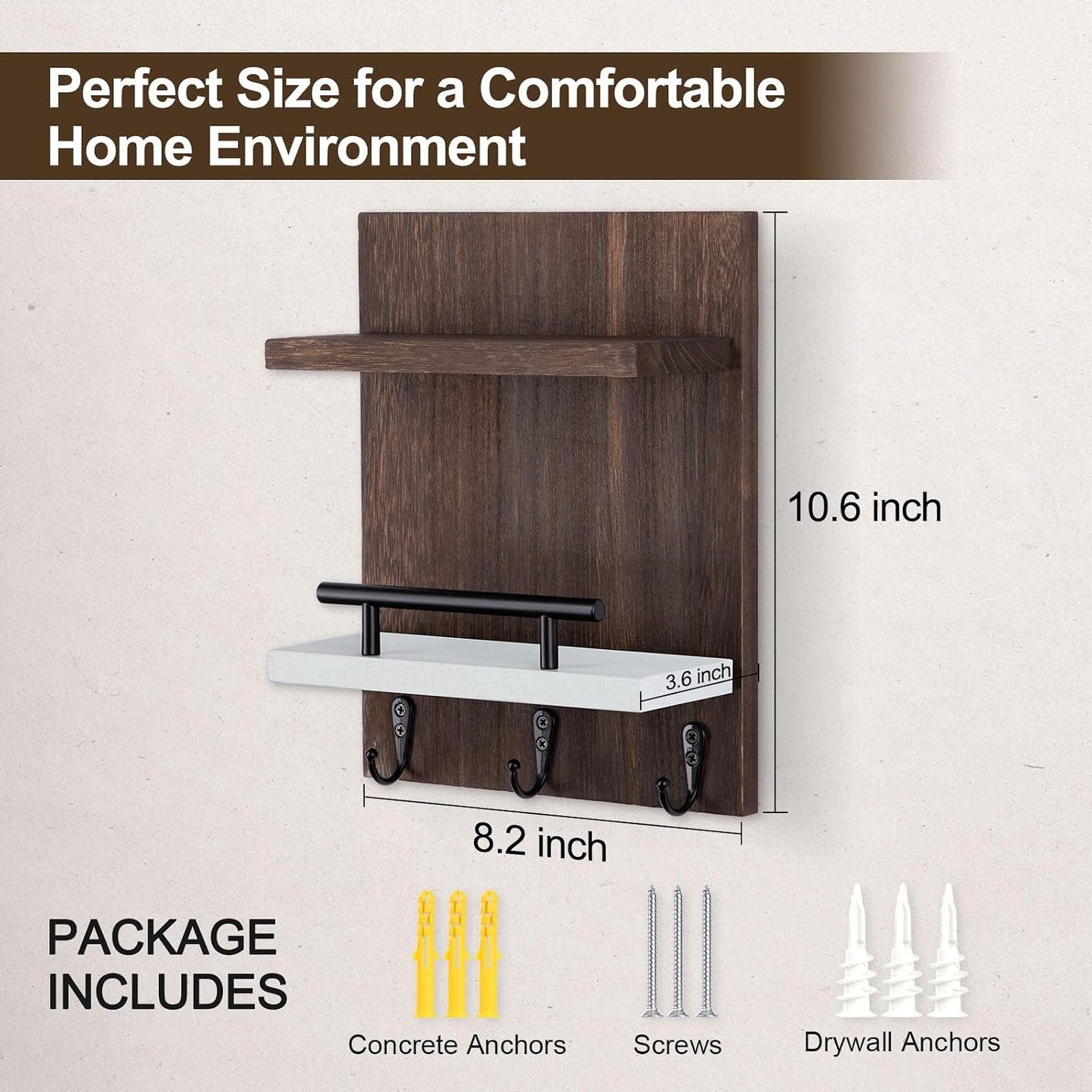 Key Holder Wall Mount, Mail Shelf Decor with 3 Key Hooks, Versatile Wood Wall Organizer for Entryway Hallway (8.2” x 10.6”x 3.6”) (White)
