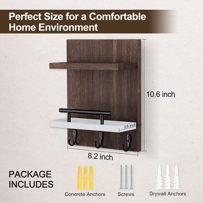 Key Holder Wall Mount, Mail Shelf Decor with 3 Key Hooks, Versatile Wood Wall Organizer for Entryway Hallway (8.2” x 10.6”x 3.6”) (White)