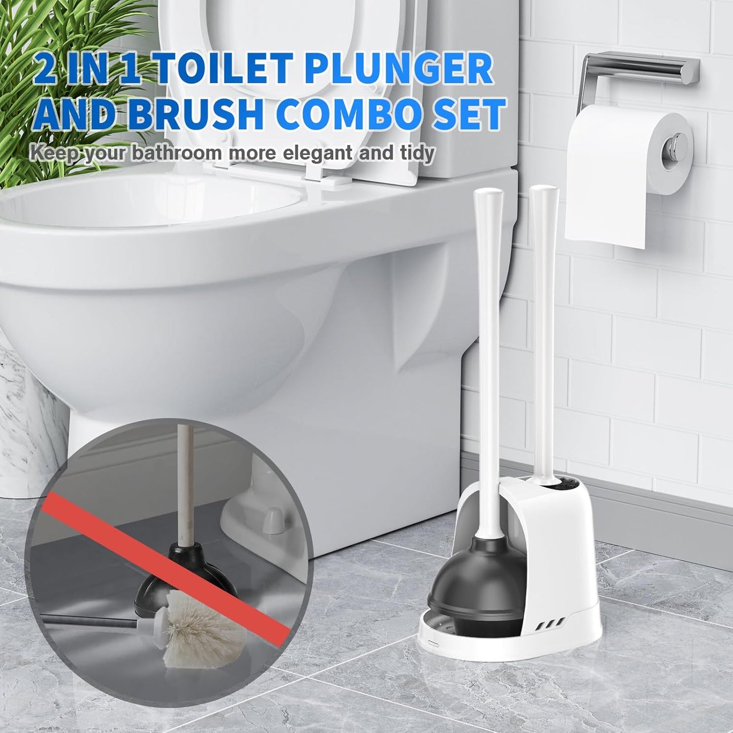 LOVLOY Toilet Plunger and Brush, Bowl Brush and Heavy Duty Toilet Plunger Set with Ventilated Holder, 2-in-1 Toilet Brush and Plunger Combo for 5.3-inch Toilet Drain Bathroom Cleaning (Black)