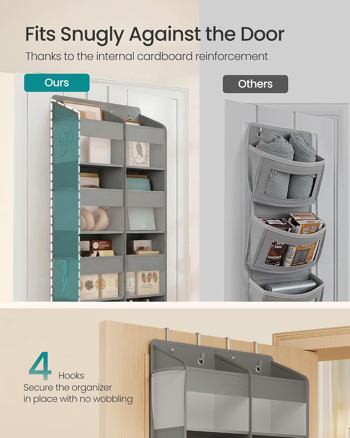 SONGMICS Over-the-Door Organizer, 9-Compartment Door Hanging Storage Shelf, Foldable Closet Hanging Organizer, Heavy-Duty, Metal Hooks, Transparent, Dove Gray URDH009GD01