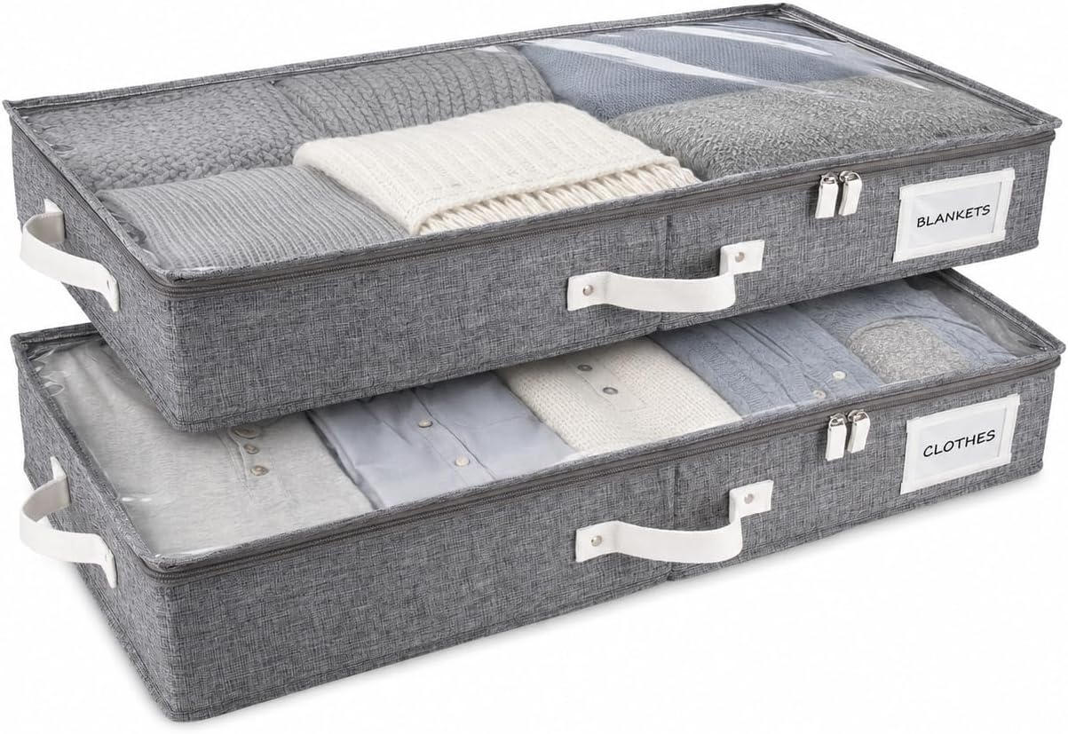 HOMELUX THEORY 2pc Low Profile Under Bed Storage Containers, Thin Under Couch Storage Organizer with Bins & Lids, Underbed Storage Box Ideal for Seasonal Clothes, Blankets, Fabric & Shoes (Ivory)