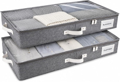 HOMELUX THEORY 2pc Low Profile Under Bed Storage Containers, Thin Under Couch Storage Organizer with Bins & Lids, Underbed Storage Box Ideal for Seasonal Clothes, Blankets, Fabric & Shoes (Ivory)