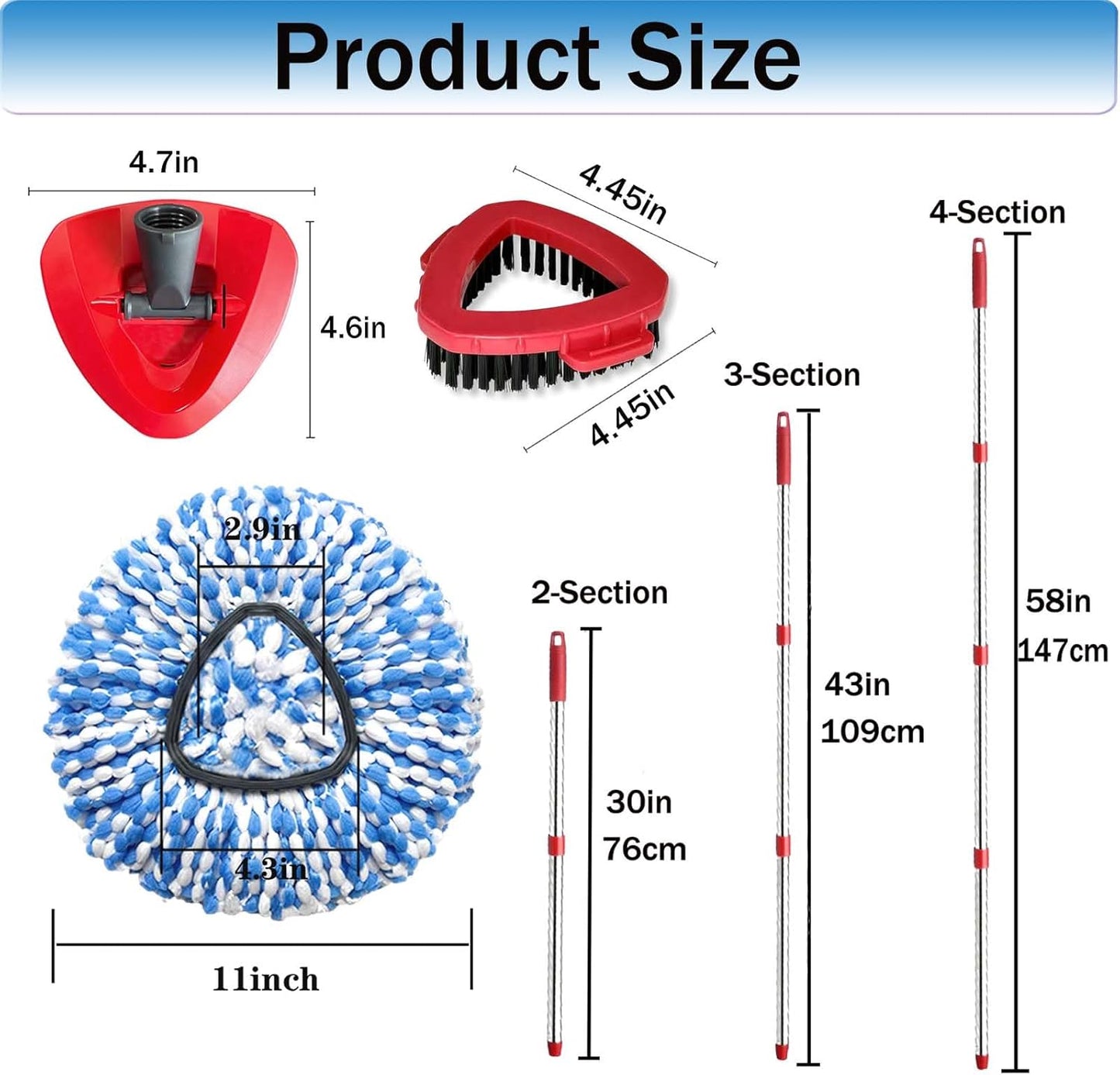 Spin Mop Replace Heads for O Cedar Rinse Clean 2 Tank System, Spin Mop Replacement Head 2 Microfiber Mop Refills, 1 Triangle Head Cover and 30-58in Handle 1 1Scrub Brush