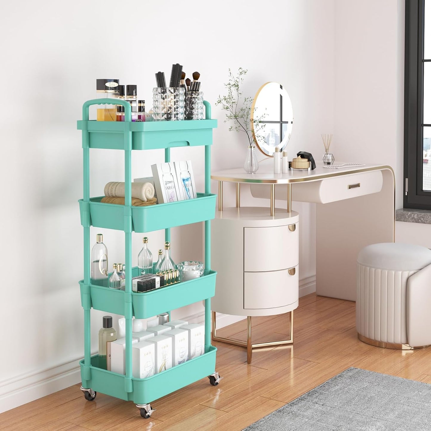 Calmootey 3-Tier Rolling Utility Cart with Drawer,Multifunctional Storage Organizer with Plastic Shelf & Metal Wheels,Storage Cart for Kitchen,Bathroom,Living Room,Office,White
