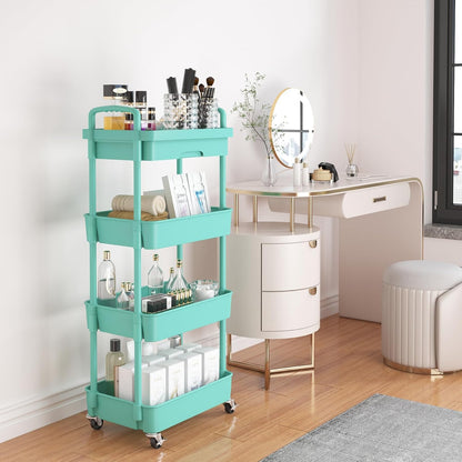 Calmootey 3-Tier Rolling Utility Cart with Drawer,Multifunctional Storage Organizer with Plastic Shelf & Metal Wheels,Storage Cart for Kitchen,Bathroom,Living Room,Office,White