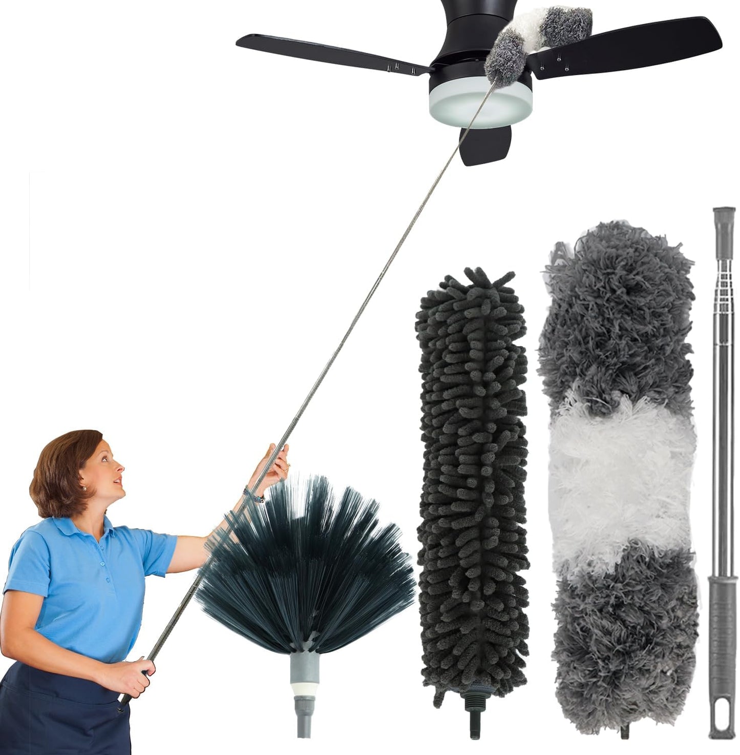4-in-1 Spider Web Brush with Pole,Microfiber Ceiling Fan Cleaner Duster | 3 Washable Heads,100" Extension Pole,Bendable Spider Web Brush for High Ceiling Fans Blinds Windows Wall Furniture