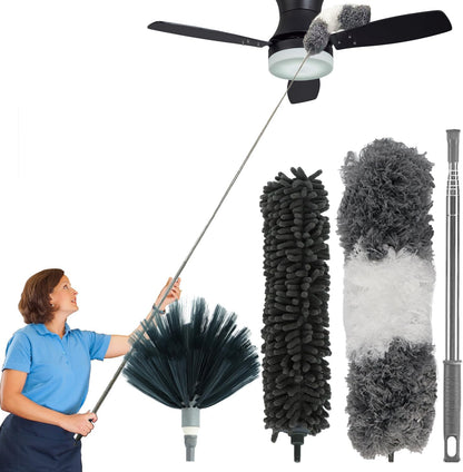 4-in-1 Spider Web Brush with Pole,Microfiber Ceiling Fan Cleaner Duster | 3 Washable Heads,100" Extension Pole,Bendable Spider Web Brush for High Ceiling Fans Blinds Windows Wall Furniture