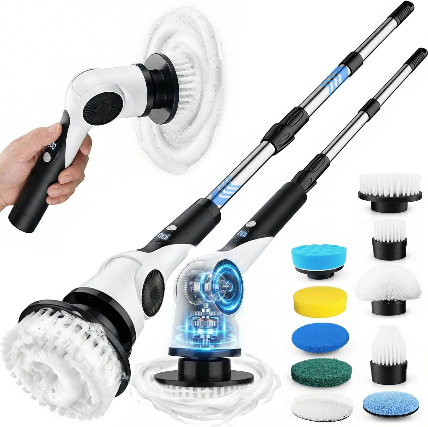 Electric Spin Scrubber, 3-Speed Shower Scrubber with Long Handle & 10 Replaceable Brush Heads, Cordless Full-Body IPX7 Waterproof Shower Cleaner Brush with 90 Mins Runtime for Bathroom