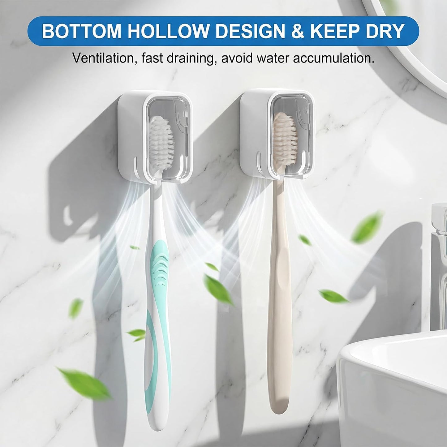 2 PCS Wall Mounted Toothbrush Holders Single Slot Toothbrush Holders with Cover for Shower Electric Toothbrushes Home Travel Storage (White)