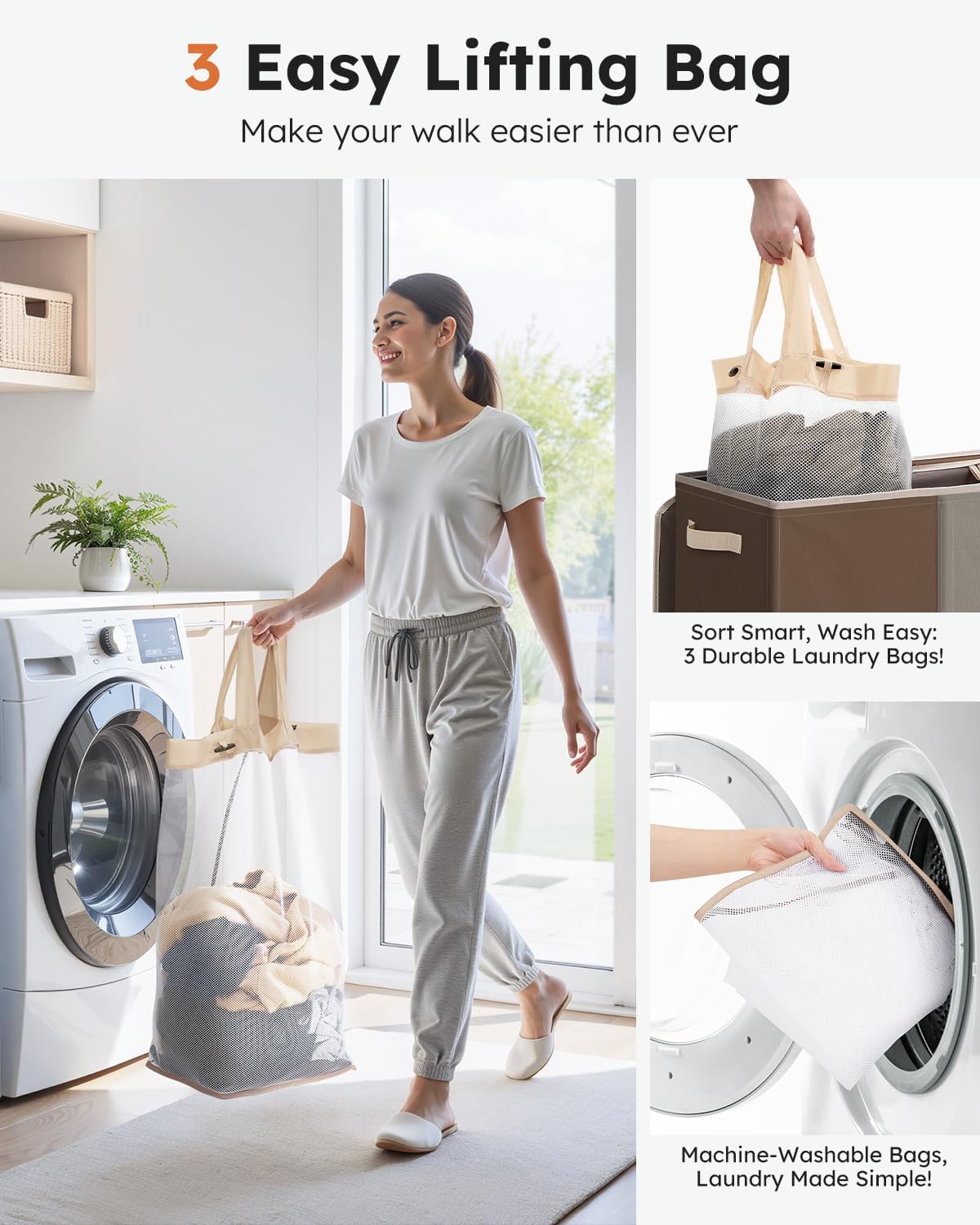 SOLEDI 180L Laundry Hamper 3 Section, Extra Large Laundry Hamper with Lid, Dirty Clothes Hamper with Sturdy Handle, Large Laundry Basket Organizer for Laundry Room, Bedroom, Hampers for Laundry