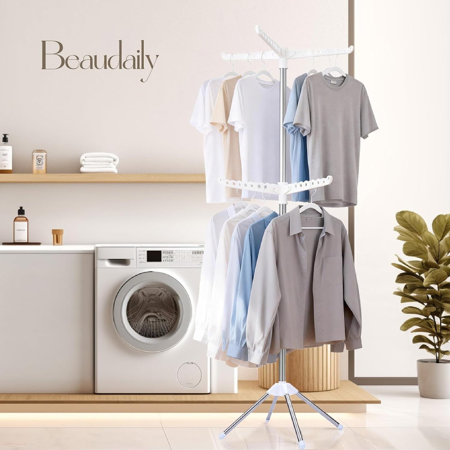 Beaudaily Clothes Drying Rack, Foldable 79.5-Inch Laundry Drying Rack,3 Tie, with Rotatable Arms, Stainless Steel, Holds 27 Clothes,8 Towels and 24 Clips for Hanging Socks, White and Silver