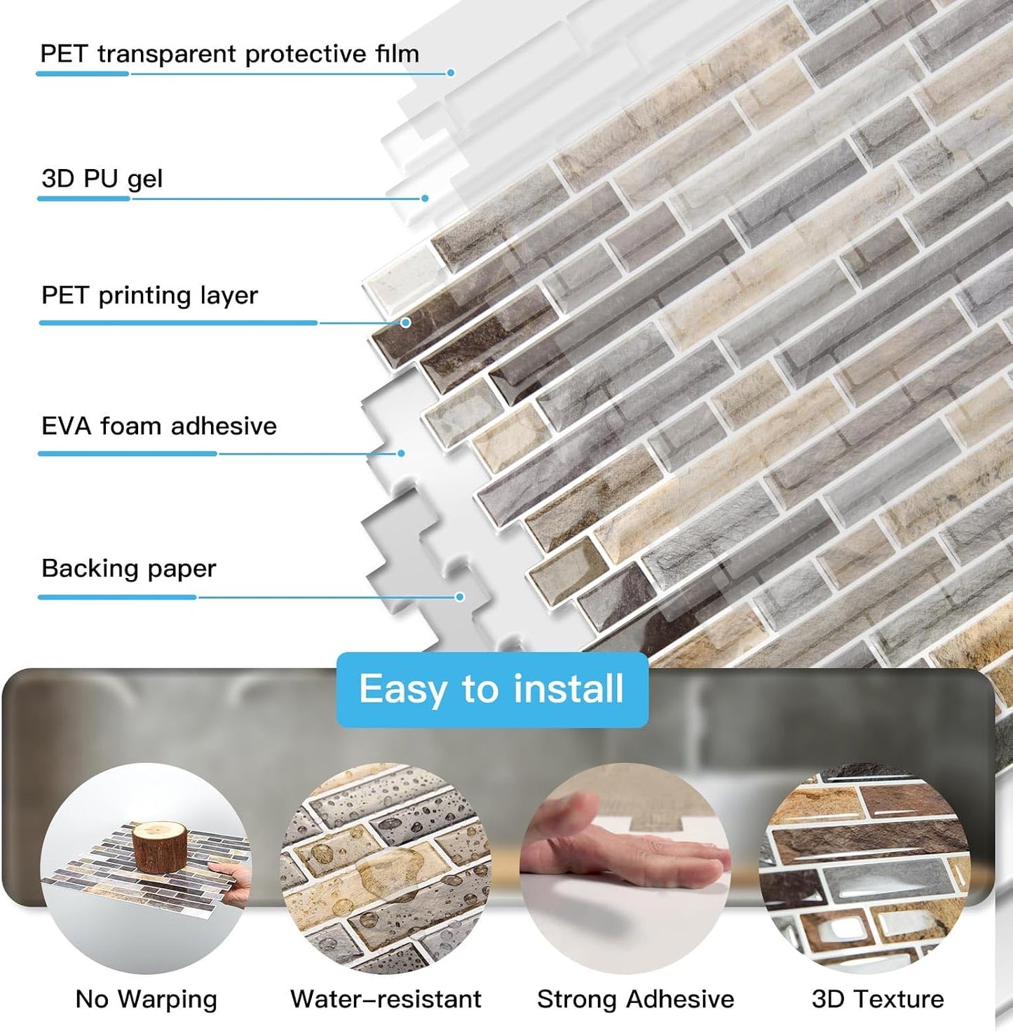 Art3d 10-Sheet Heavy-Duty Peel and Stick Backsplash, Waterproof Wall Tiles Stick on Kitchen Backsplash Living Space, Beige & White