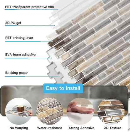 Art3d 10-Sheet Heavy-Duty Peel and Stick Backsplash, Waterproof Wall Tiles Stick on Kitchen Backsplash Living Space, Beige & White