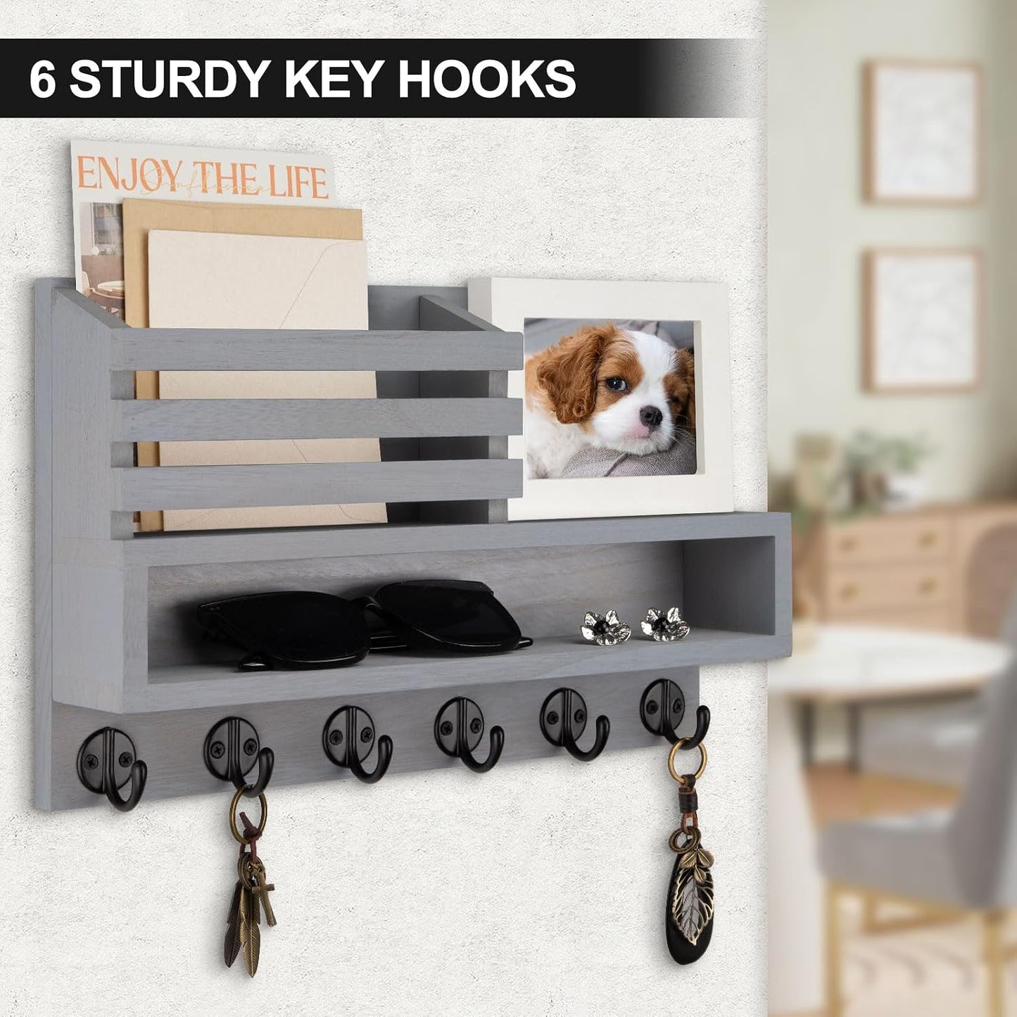 Key and Mail Holder Wall Mount, Key Hanger with Long Storage Box and 5 Hooks for Coat, Dog Leash, Home Decor Rack, House Accessories, Entry Way Organizer 11.8”W x 7.8”H x 3.2”D