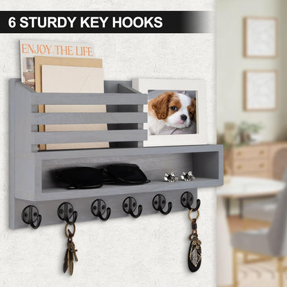 Key and Mail Holder Wall Mount, Key Hanger with Long Storage Box and 5 Hooks for Coat, Dog Leash, Home Decor Rack, House Accessories, Entry Way Organizer 11.8”W x 7.8”H x 3.2”D