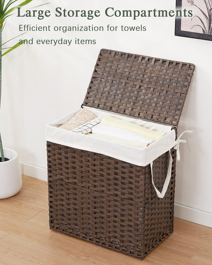 SETVSON Laundry Hamper with Lid Laundry Basket 132 L (35 Gal) Wicker Clothes Hamper, Handwoven Rattan Hamper with Handles and 4 Removable Liner Bags, 6 Mesh Bags for Laundry Bedroom Natural