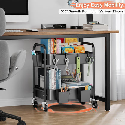 2 Tier Small Rolling Cart Metal with Wheels, White Under Desk Storage Cart on Wheels, Short Utility Roller Caddy Carts Organizer for Art,Craft,Pantry,Bathroom, Two Tiered Shelf Trolley,22 Inches Tall