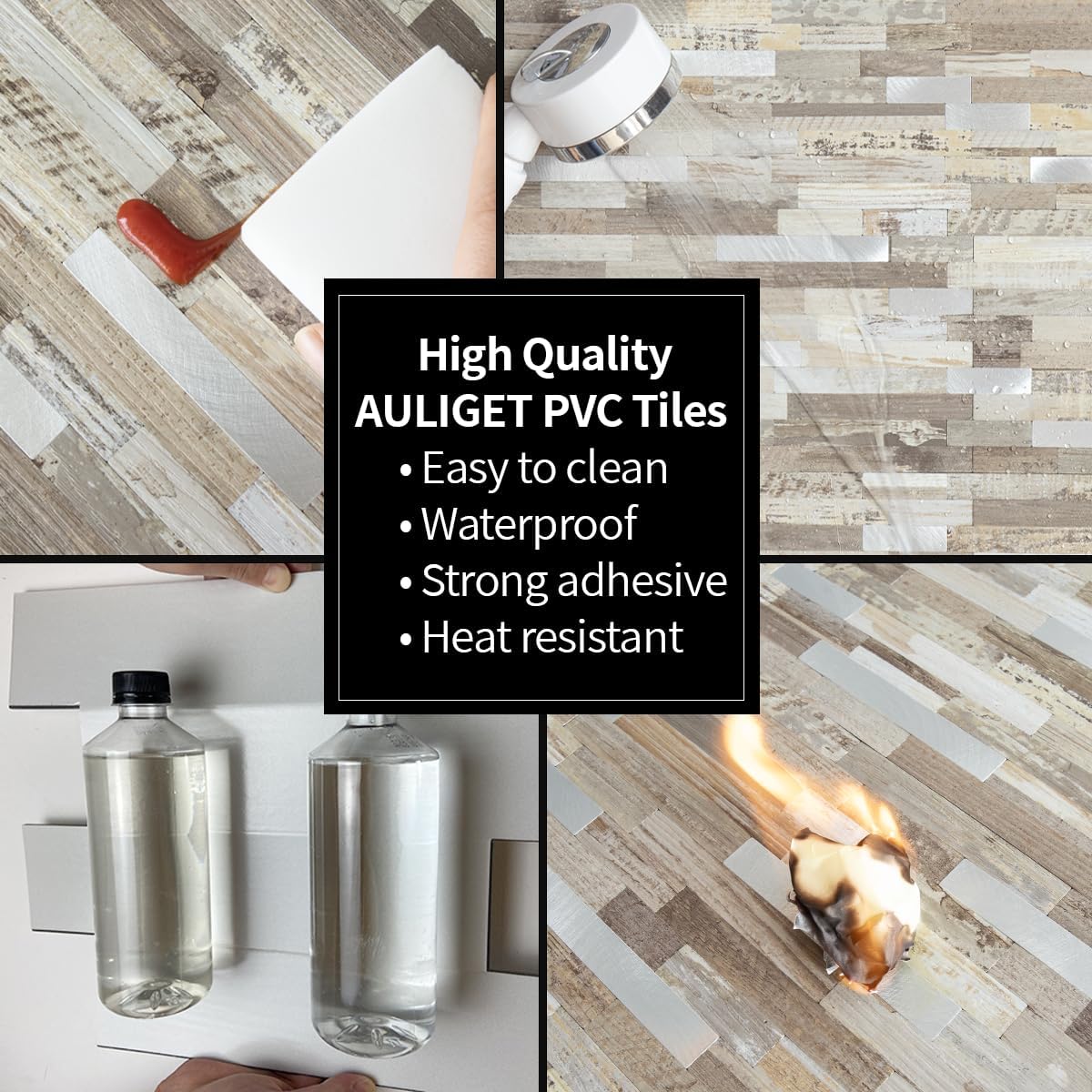 AULIGET 20 Sheets Peel and Stick Backsplash, Black & Grey Wood Look PVC Mixed Metal Stick on Backsplash Tiles for Kitchen