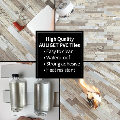 AULIGET 20 Sheets Peel and Stick Backsplash, Black & Grey Wood Look PVC Mixed Metal Stick on Backsplash Tiles for Kitchen