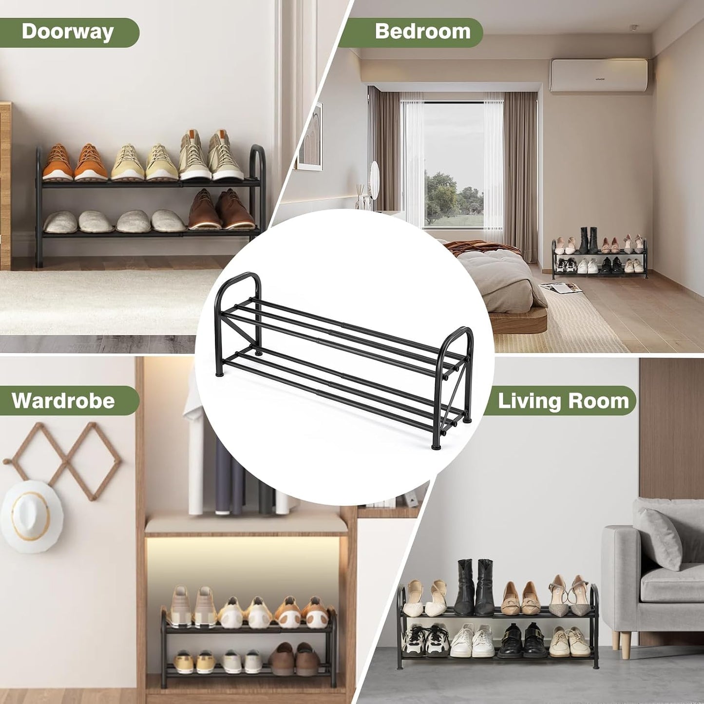 4-Tier Expandable Shoe Rack, Stackable and Adjustable Shoes Organizer Storage Shelf, Sturdy and Durable Metal Structure Free Standing Shoe Rack for Closet Entryway Doorway