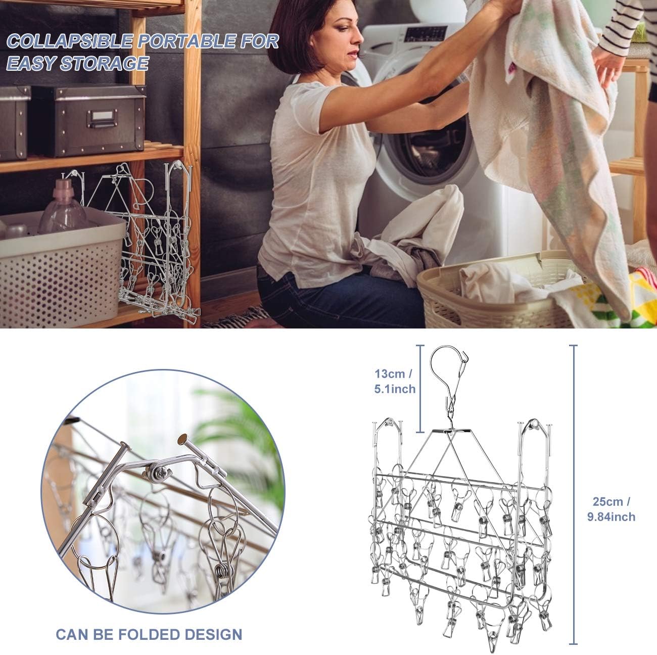 Fayleeko Drying Rack, 52 Clips Stainless Steel Laundry Drying Rack Folding Sock, Underwear, Clothes Hangers for Drying Towels, Bras, Lingerie, Baby Clothes