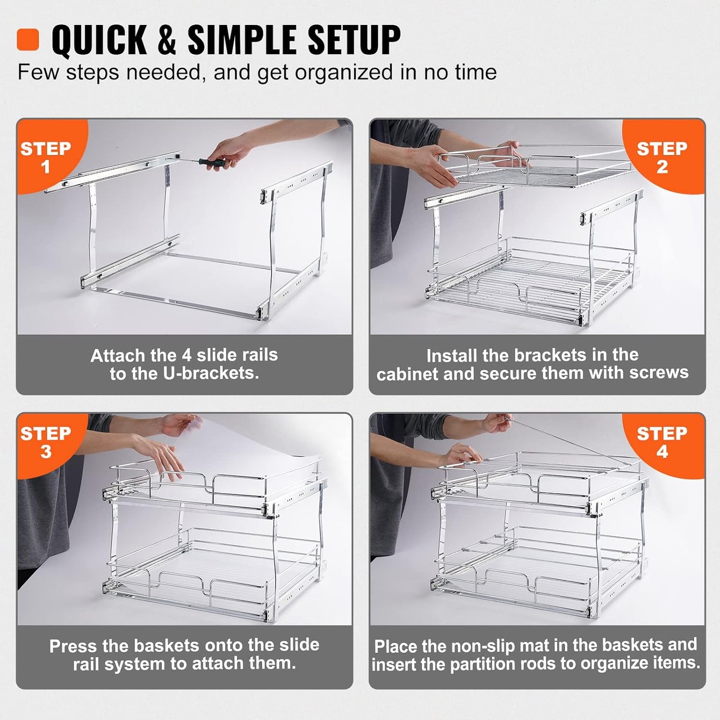 VEVOR Pull Out Cabinet Organizer, 12"W x 21"Dx15.2"H Heavy Duty Slide Out Pantry Shelves, Chrome-Plated Steel Roll Out Drawers for Home,13.5"Wx22"Dx19"H Inside Kitchen Cabinet, Bathroom, Under Sink