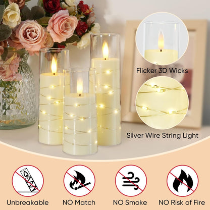 Raycare Flameless Candle with Remote Timer, 3 Flickering Acrylic Battery Operated LED Pillar Candles with Embedded Star String for Christmas, Wedding, Home Table Decor, and as a Gift (Ivory White)