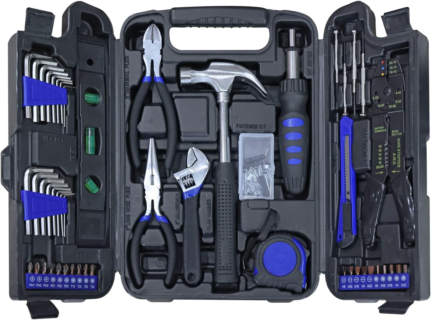 Torin 129 Piece Tool Set Household Repair Tool Kit with Plastic ToolBox, S2 tool steel adjustable wrench, driver handle, Wire Striper, measuring tape, screwdriver bits, screwdrivers Set.etc, APK129TSM